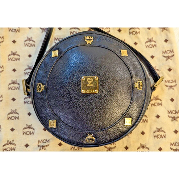 MCM Bag Black Tambourine Shoulder Crossbody Bag Authentic Vintage Purse Round - Picture 3 of 16